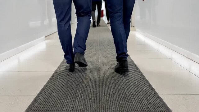 Medium shot of ribbed slipresistant textile floor runners installed in a brightly lit corridor ensuring pedestrian safety and minimizing slip hazards.