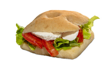 Sandwich made with focaccia bread filled with tomato, mozzarella and lettuce, isolated