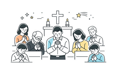 Fototapeta premium Serene Church Unity. Holiday church service prayer. Congregation standing or sitting with heads slightly bowed, hands folded quietly. Reflection, reverence and