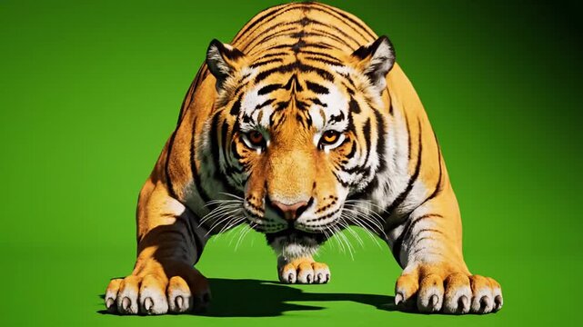 A majestic tiger crouches low to the ground, ready to pounce, showcasing its sharp claws and intense gaze in a vibrant green environment viewed from the front