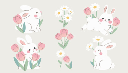 Cute spring bunny set with flowers. Hand drawn pastel rabbit illustration © Jevgeniya Mukhitova