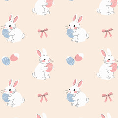 Obraz premium Seamless vector pattern with cute Easter bunnies and eggs.