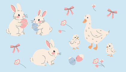 Cute Easter animals set with bunny, goose and chicks. Hand drawn pastel spring illustration © Jevgeniya Mukhitova