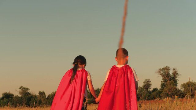 children game running, happy childhood concept, healthy young girls playing superheroes, dream children playful running, silhouette running child kid sunset, sun kid, superheroes running through park