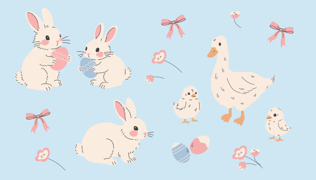 Cute Easter animals set with bunny, goose and chicks. Hand drawn pastel spring illustration