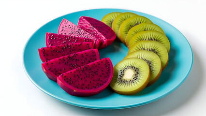 Vibrant plate of fresh dragon fruit and kiwi slices