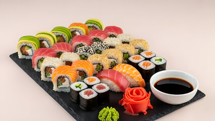 A vibrant platter of assorted sushi rolls with soy sauce and garnishes