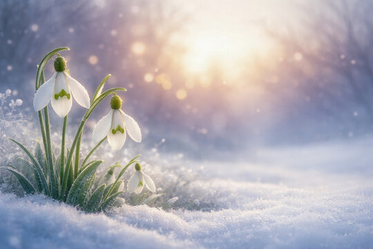 Snowdrops blooming through snow symbol of early spring renewal