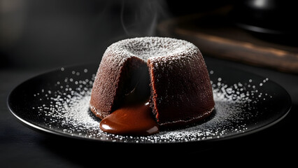 Decadent chocolate lava cake with powdered sugar