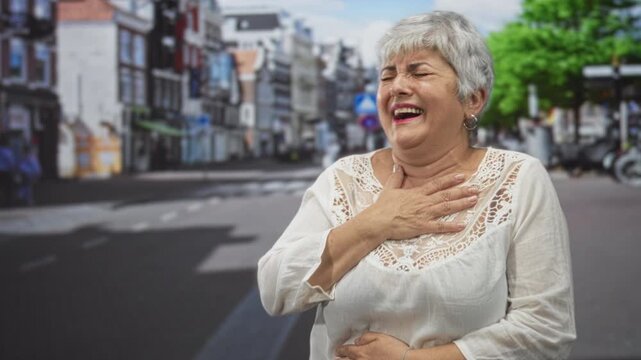 Woman clutching chest and holding abdomen, coughing on a busy street with blurred buildings and cyclists; relief recovery.