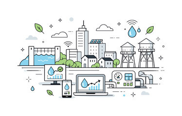 Obraz premium Eco-Friendly Water Management. Sustainable urban water supply. A modern city using water towers, reservoirs, and monitoring systems to manage resources