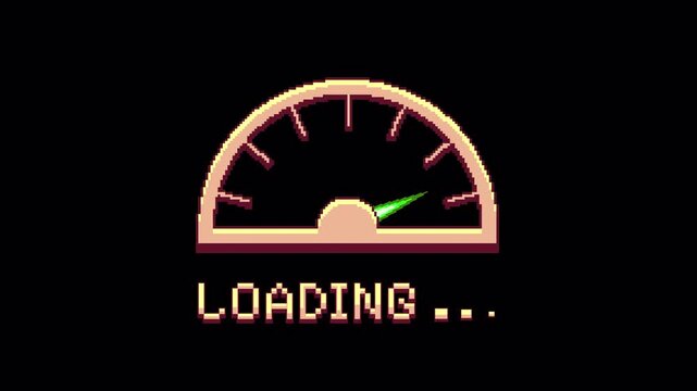 Animated 8-Bit Pixel Art Loading Speedometer Gauge with Green Indicator, Gold Frame, Transparent Background, Alpha Channel