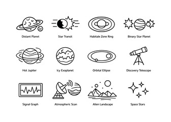 Fototapeta premium Exoplanet Line Icons. Exoplanets. Line icon set of Exoplanets: distant planet, star transit, habitable zone ring, binary star planet, hot jupiter,