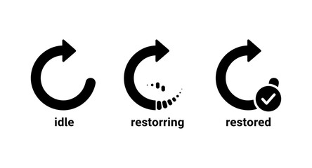 Fototapeta premium Three circular arrow icons showing progress from idle to restoring to restored states