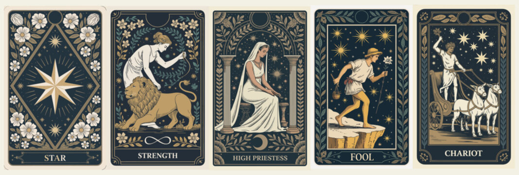Classic Major Arcana tarot card set with Victorian style artwork featuring Star Strength High Priestess Fool and Chariot in gold white and deep blue tones