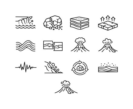 Geological Icons Grid. Geological Processes. Line icon set of Geological Processes: erosion symbol, weathering rock, sediment layers, uplift arrows, folding