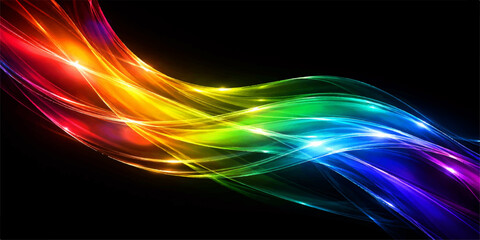 Fototapeta premium A futuristic abstract fractal background featuring glowing colorful lines and flowing motion curves creates a vibrant energy wave pattern on a black texture backdrop for a blue space art wallpaper des