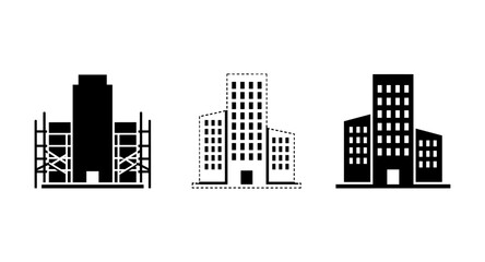 Three building icons showing construction, blueprint, and finished structure