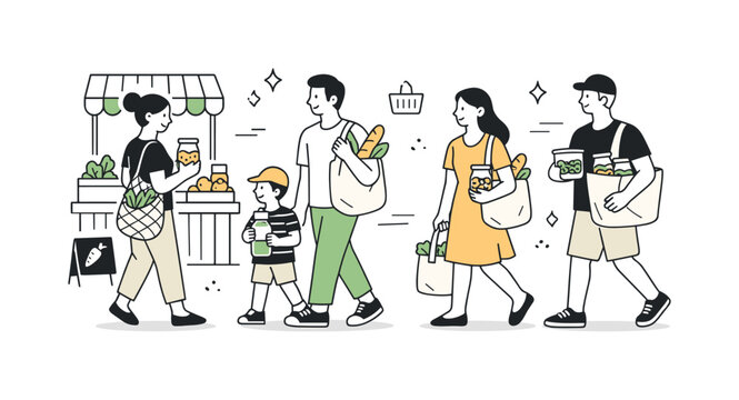 Eco-Friendly Market Shopping. People shopping without plastic. Shoppers carrying cloth bags and glass containers at a small local market. Calm eco-friendly
