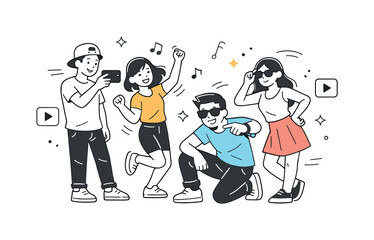 Fototapeta premium Recording Fun Moments. Friends filming short videos. Group of young people recording fun clips on a smartphone, casual atmosphere and cheerful expressions,