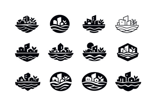 Urban Farming Logos. urban farming riptides. Icon set. Set Logo of urban farming riptides: floating community garden. harmonious logo variations of the same