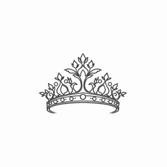 Intricate Black and White Line Art of a Regal Crown with Delicate Floral Motifs and Ornate Detailing Symbolizing Elegance and Royalty