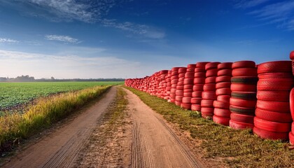 Piles Of Red Tires Beside A Dirt Road In A Field