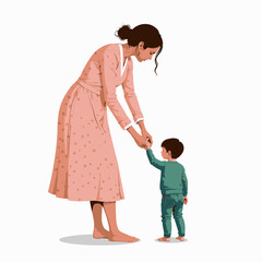 Tender Moment Captured: A Mother Leaning Down to Gently Hold Her Child's Hand in a Heartwarming And Natural Expression of Care and Love