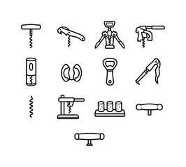 Fototapeta premium Cork Tools Icons. Cork Tools. Line icon set of Cork Tools: corkscrew, waiter's friend opener, wing corkscrew, lever cork remover, electric cork opener, foil