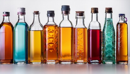 Colorful Array Of Diverse Glass Bottles Filled With Liquids Against A White Background