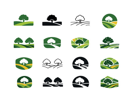 Countryside Icon Set. Countryside landscape. Icon set. Set Logo of Countryside landscape: tree and meadow horizon. harmonious logo variations of the same