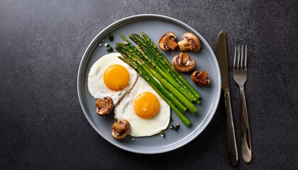 Two Fried Eggs Asparagus Spears And Sliced Mushrooms On A Gray Plate