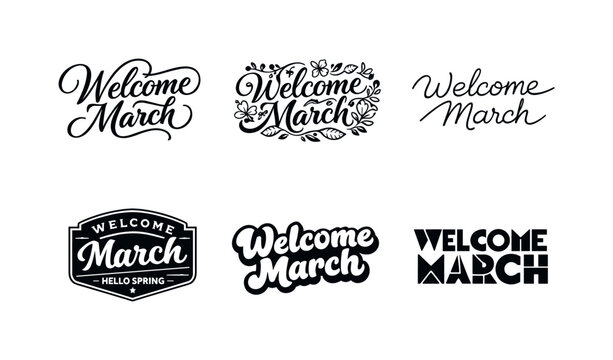 Spring Lettering Styles. Spring Welcome March Script. Set lettering. harmonious lettering variations of the same emblematic concept, each with different