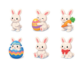 Fototapeta premium Easter Bunny Icons. Easter bunny mascots. Isometric flat vector icons set of Easter bunny mascots: cute bunny standing pose, bunny hugging egg, bunny with