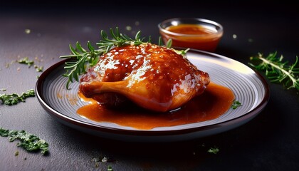 Close Up Of A Glazed Chicken Thigh With Herbs And Sauce On A Dark Surface And Background
