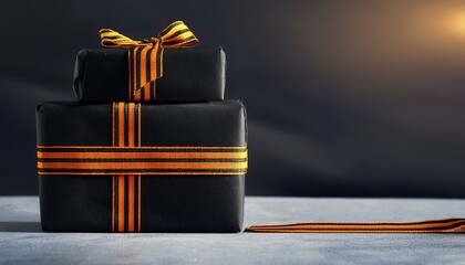 Black Gift Boxes With St George Ribbon Are A Symbol Of Remembrance And Celebration Of Victory Day