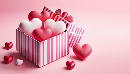 A Simple Illustration Of A Pink And White Striped Gift Box With An Open Top Filled With Red And Pink Hearts Of Varying Sizes