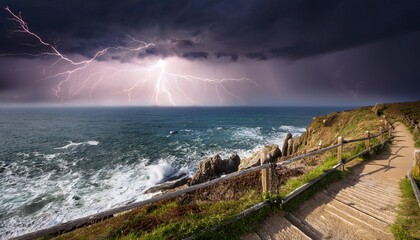 Dramatic Cliffside Path Overlooking A Stormy Ocean With Lightning