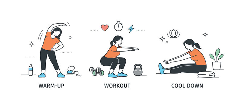 Daily Fitness Sequence. Daily fitness routine. A sequence-style scene showing warm-up, exercise, and cooldown moments. The mood is structured, achievable, and