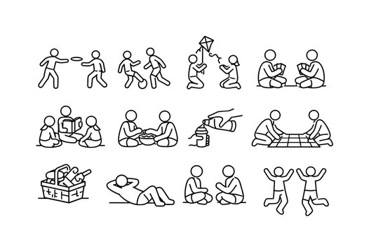 Picnic Icons Collection. Picnic activities. Line icon set of Picnic activities: playing frisbee, ball game, kite flying, card games, storytelling, snack