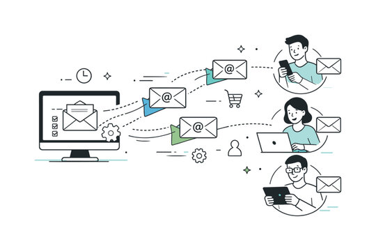 Efficient Email Automation. Email marketing automation. Automated emails flowing from a screen to multiple recipients, smooth and organized process. Sense of