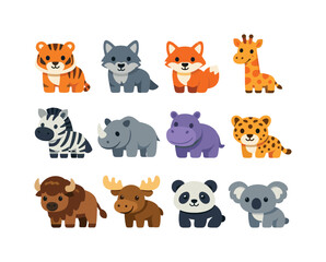 Fototapeta premium Colorful Wild Mammal Icons. Wild mammals. Colorful flat vector icons set of wild mammals: tiger, wolf, fox, giraffe, zebra, rhinoceros, hippopotamus, leopard,