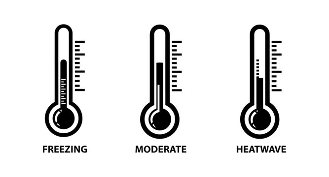 Three thermometers showing freezing, moderate, and heatwave temperature conditions