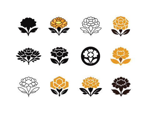 October Birth Flower Logos. birth flowers. Icon set. Set Logo of birth flowers: marigold (October). harmonious logo variations of the same emblematic concept,