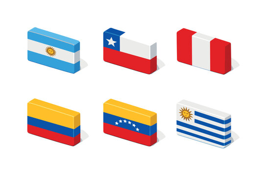 South American Flags. Global Holidays World Flags. Isometric flat vector icons set of Global Holidays World Flags: Argentina flag, Chile flag, Peru flag,