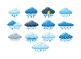 Fototapeta premium Colorful Rain Cloud Icons. Rain clouds. Colorful flat vector icons set of rain clouds: light rain cloud, heavy rain cloud, dark storm cloud, drizzle cloud,