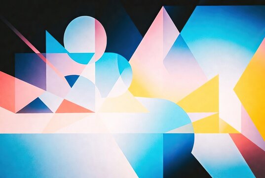 Abstract geometric shapes in vibrant colors create a dynamic composition