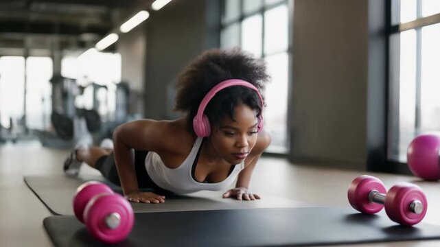 Fitness session focused on push-ups with weights in a gym with bright lighting and equipment