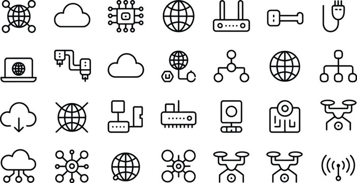 Network and internet icon set, collection of 30 outline linear vector symbols with editable stroke for web apps, digital technology interfaces, connectivity concepts, and modern UI design