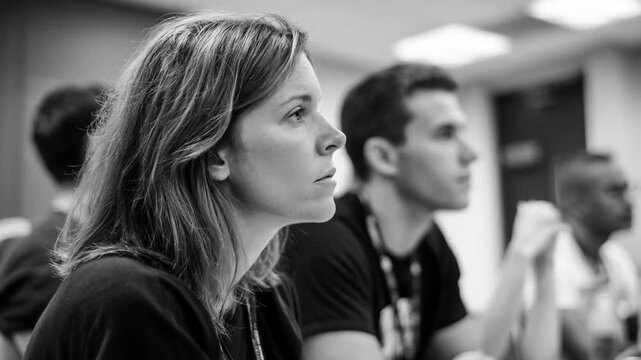 Focused attendee listening attentively in a busy weekend boot camp study group sharp in foreground against a blurred room environment.